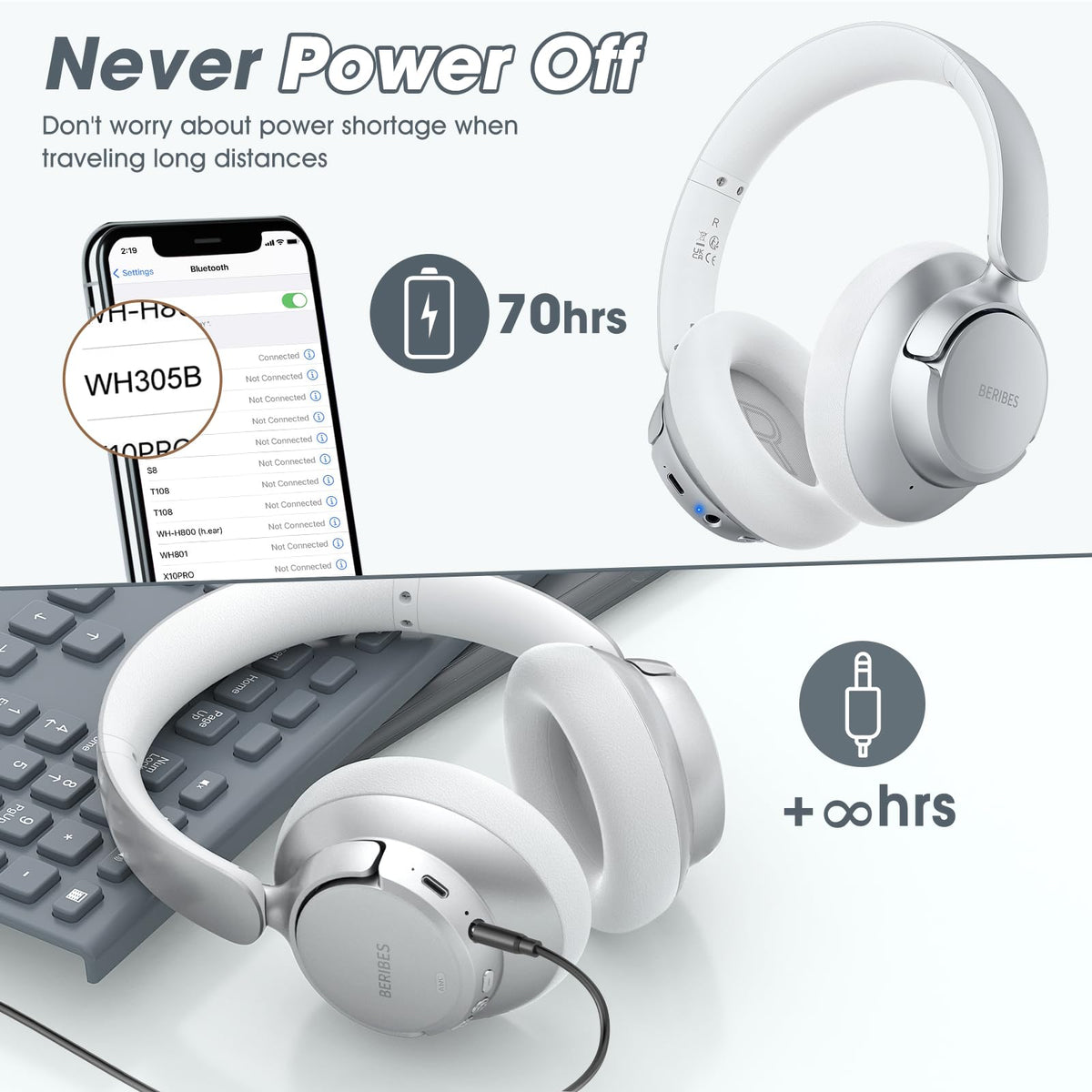 BERIBES connected with 3.5mm cable showing wired backup for zero latency