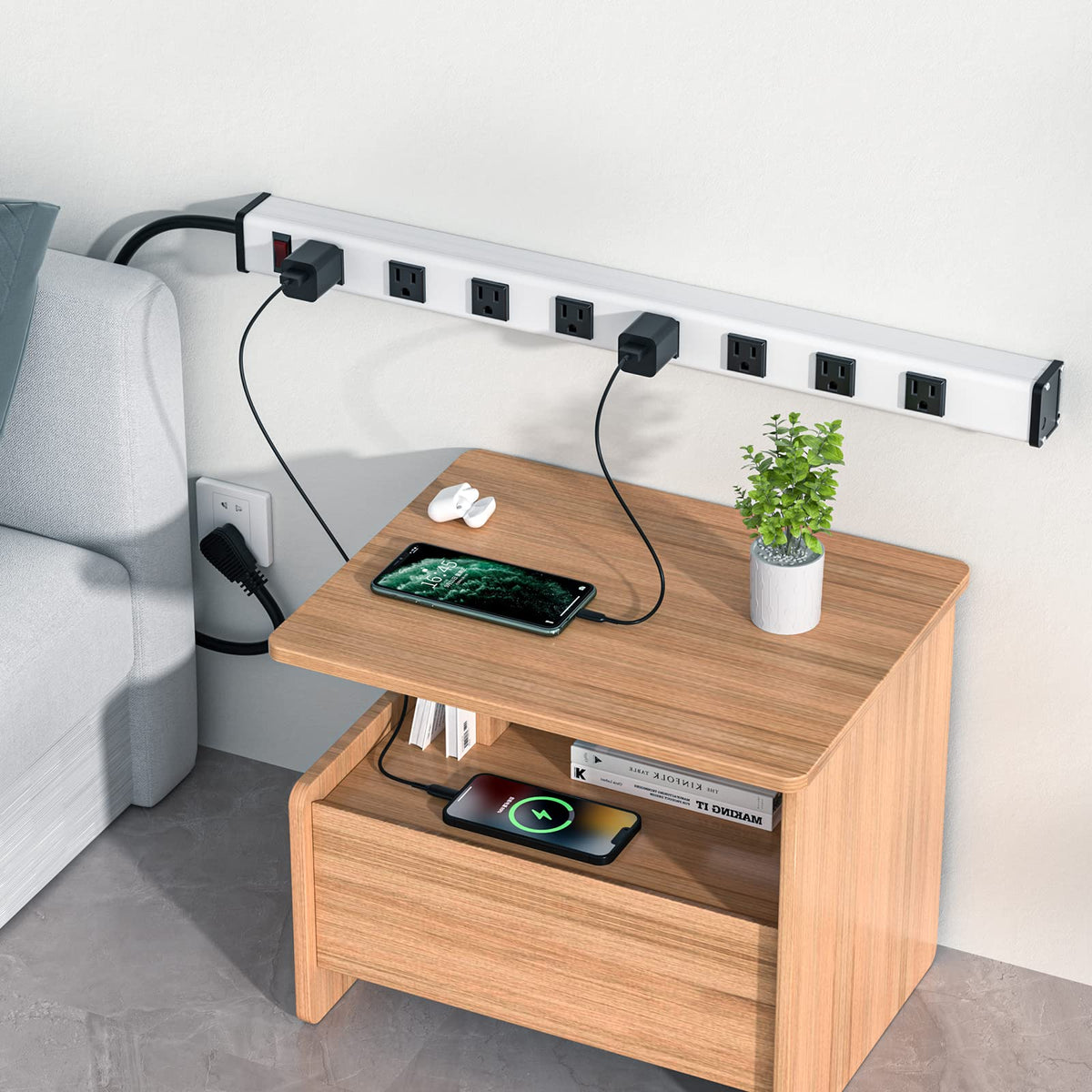 Berigtta thin 45-degree flat plug close-up saving outlet space and allowing furniture to sit flush