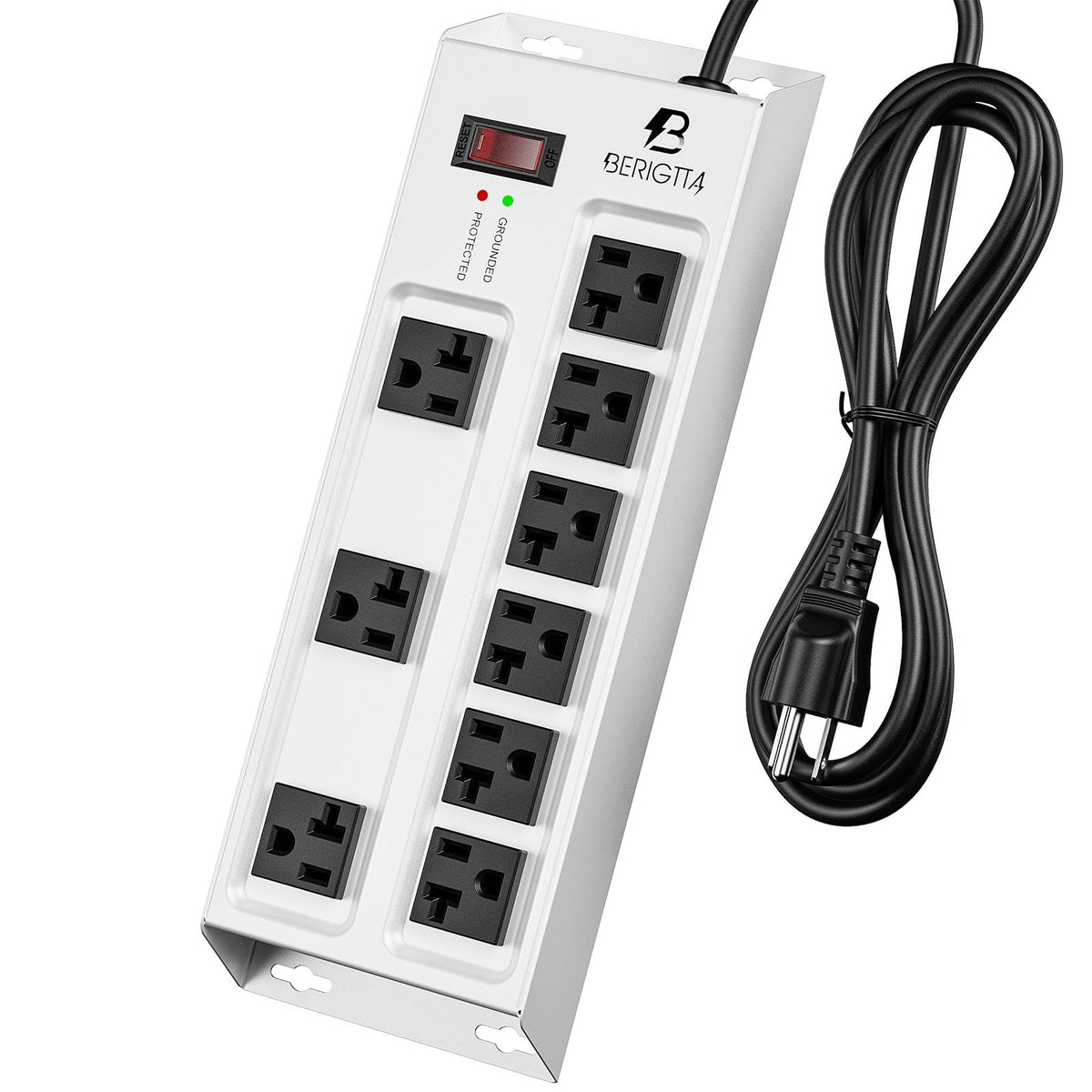 Berigtta front metal junction box showcasing 9 outlets and industrial build, improves workspace power access