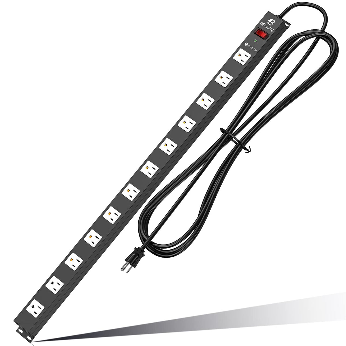 Berigtta front view metal power strip showing all 12 outlets and durable casing for reliable power