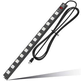 Berigtta front view metal power strip showing all 12 outlets and durable casing for reliable power