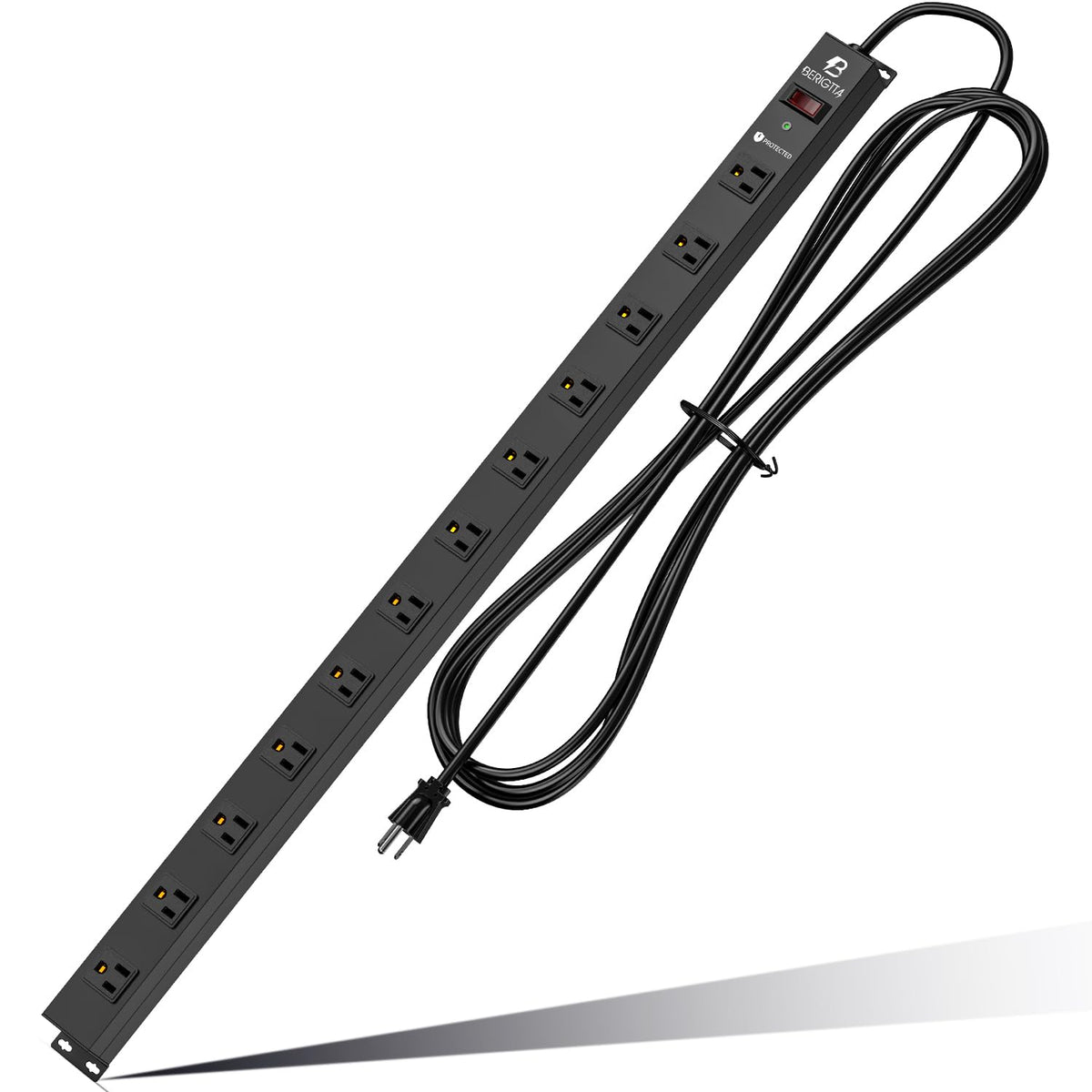 Berigtta front view metal power strip showing all 12 outlets and sturdy design benefit: organized power