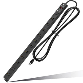 Berigtta front view metal power strip showing all 12 outlets and sturdy design benefit: organized power