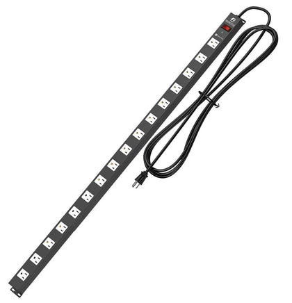 Berigtta front view metal power strip showing all 16 outlets and heavy-duty build for reliability