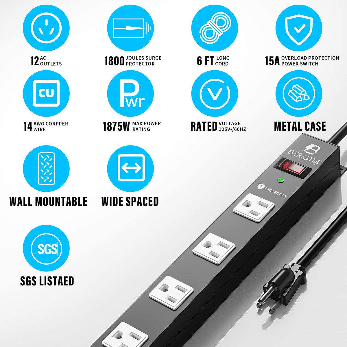 Berigtta close-up of wide-spaced outlets showing space for large adapters and tidy setup
