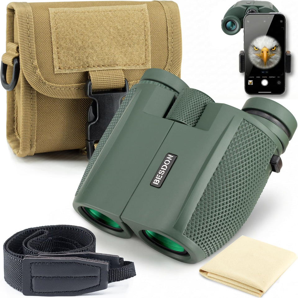 Besdon front view of compact binoculars showing pocket-ready design and durability
