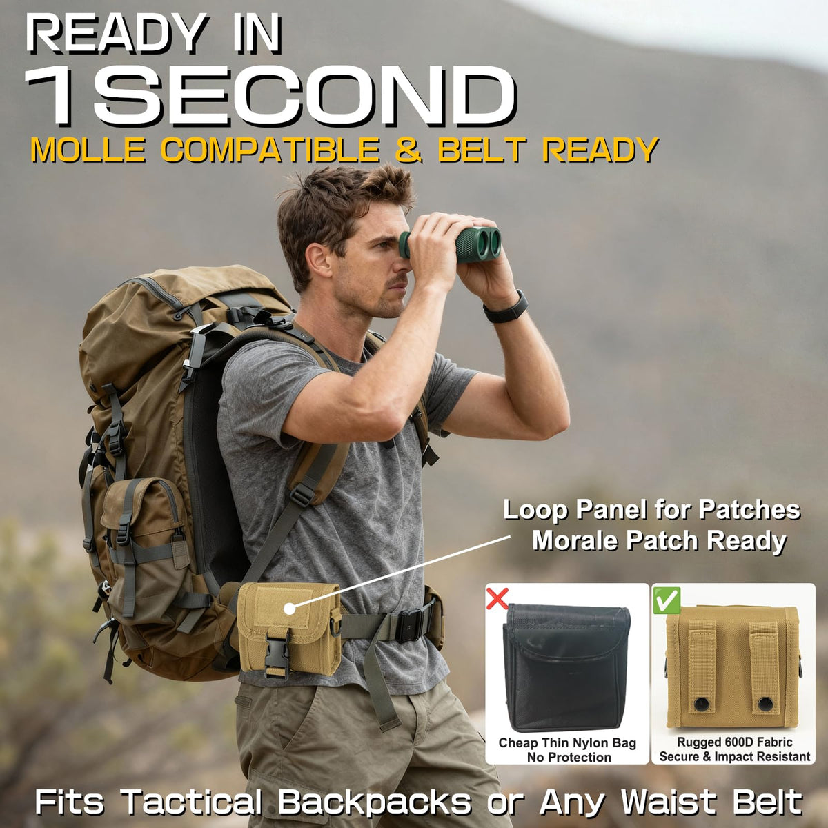 Besdon tactical 600D MOLLE pouch attached to backpack for secure carry on trails