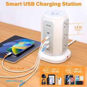 BESFAN Power Strip Tower 6.5 ft cord enables flexible desk setup.