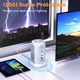 BESFAN Power Strip Tower organizes a clutter-free workspace on a desk.