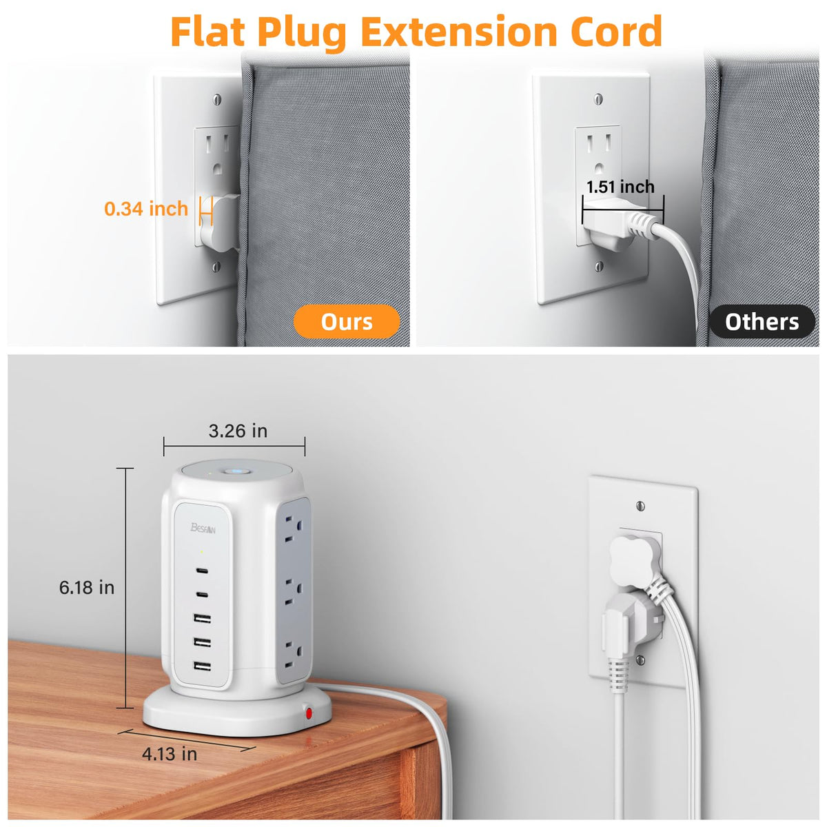 BESFAN Power Strip Tower flat plug design saves outlet space.