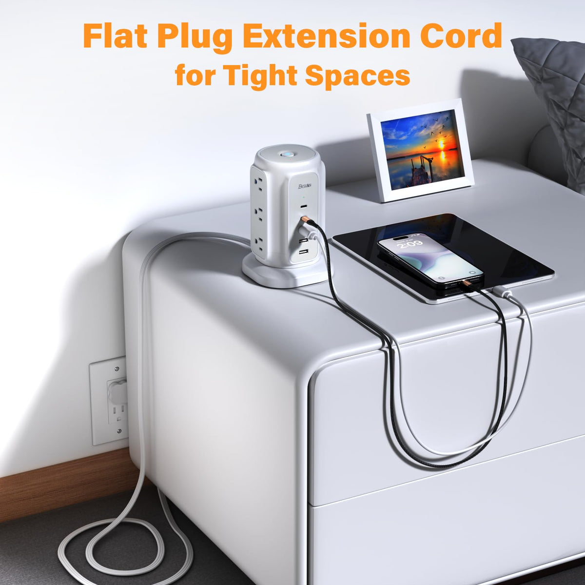 BESFAN Power Strip Tower surge protection safeguards expensive devices.