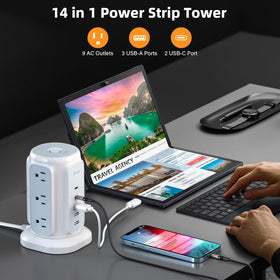 BESFAN Power Strip Tower USB ports visible for simultaneous device charging.
