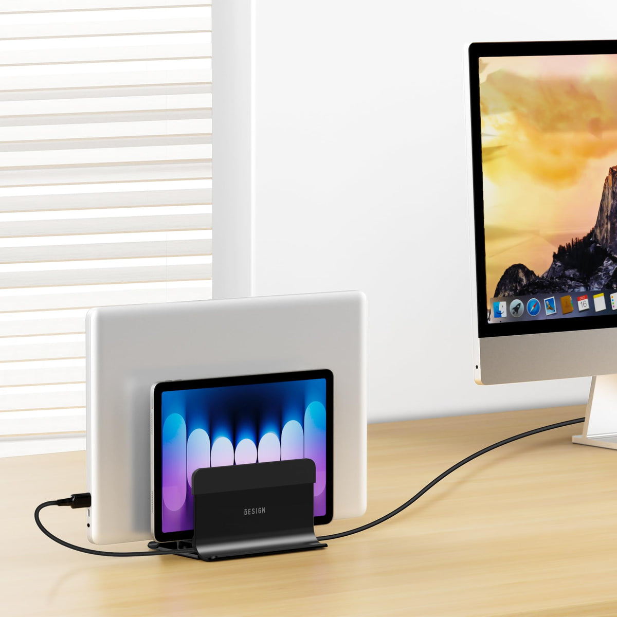 BESIGN LS13 tidy desk setup with multiple devices.
