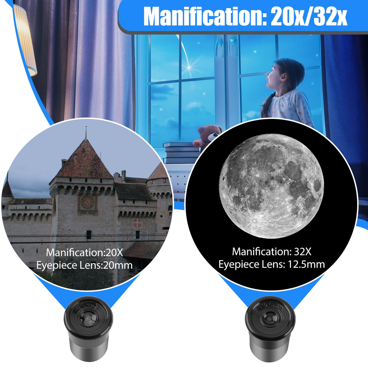 BESIMLI close-up of 20mm and 12.5mm eyepieces, clear magnification options benefit