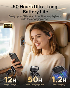 BeSing charging case open showing earbuds, provides 50 hours total playback