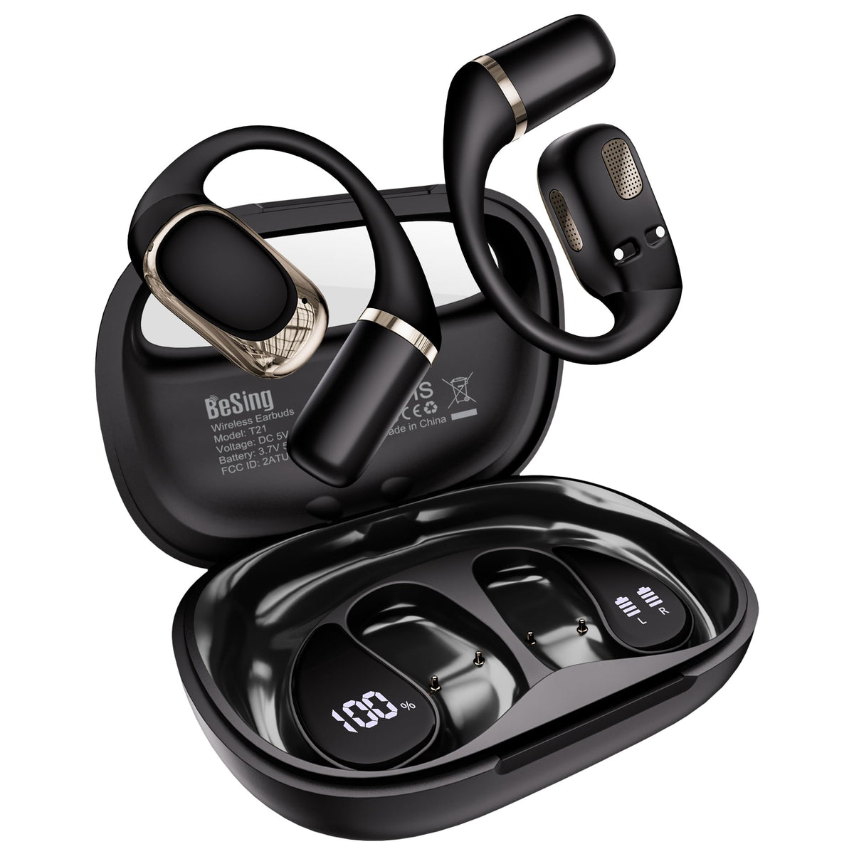 BeSing front packaging showing earbuds and charging case, highlights long battery
