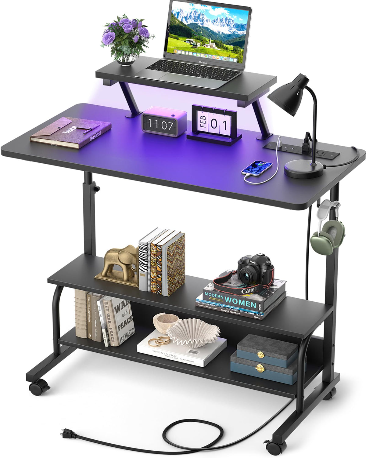 Besiost desk with outlets and LED lights for charging and ambience.