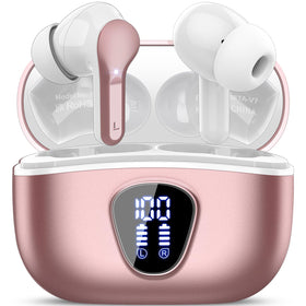 BESNOOW earbuds rose gold with portable charging case for on-the-go listening.
