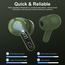 BESNOOW charging case open with LED display showing battery levels for quick power status