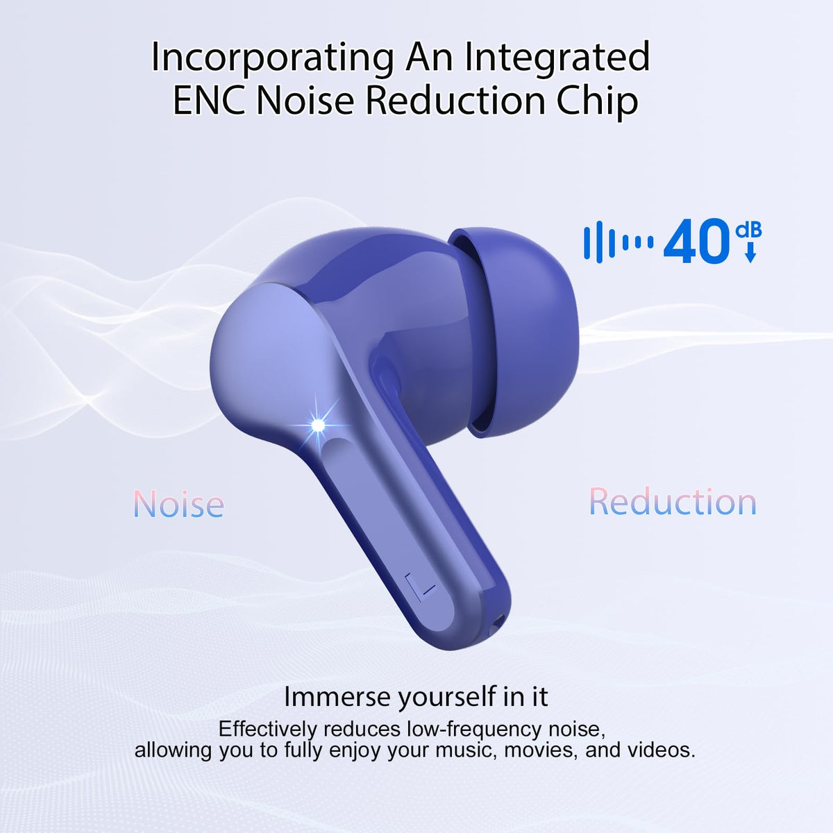 BESNOOW earbud close-up showing driver detail, promises rich audio