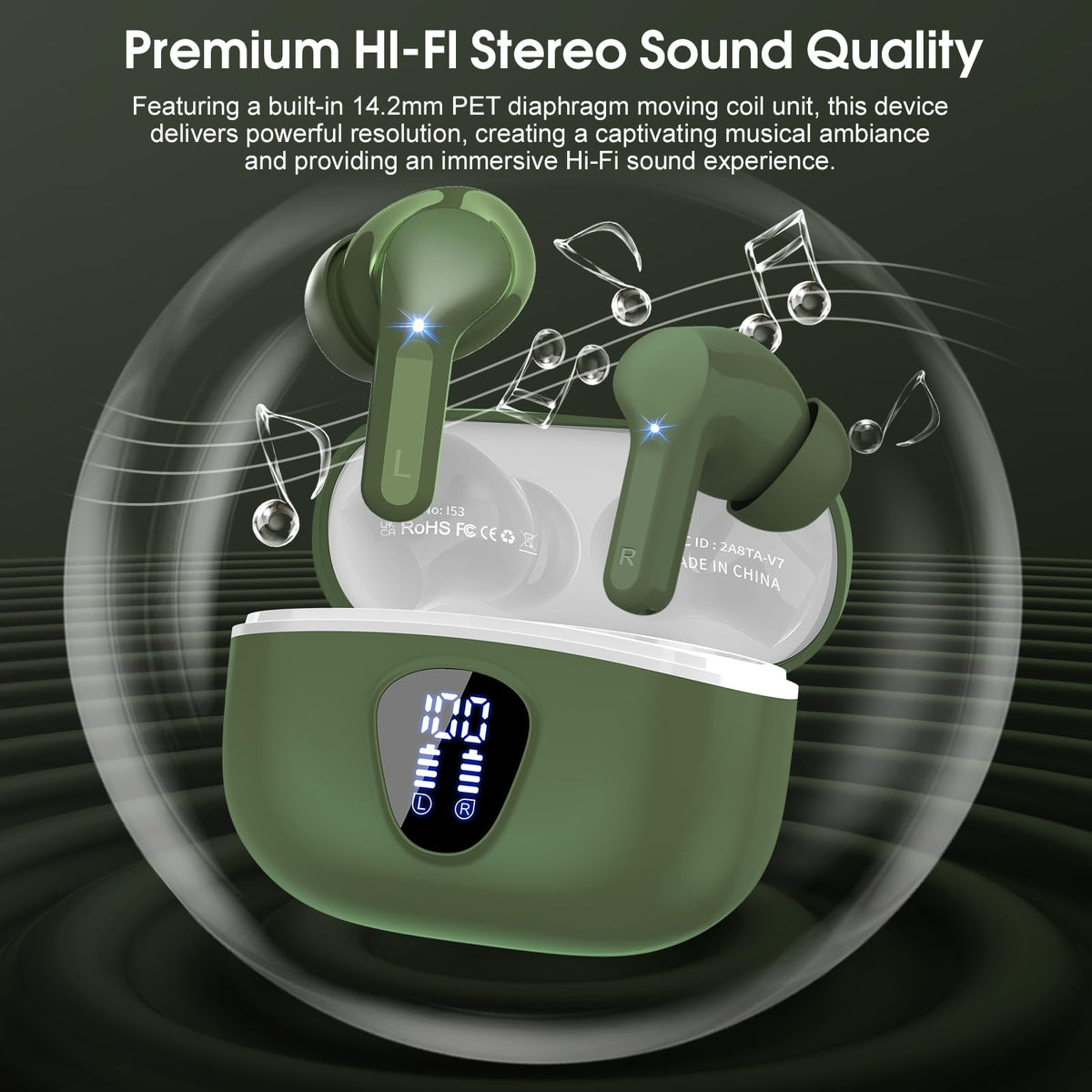 BESNOOW earbud close-up showing driver detail for richer bass and clearer highs