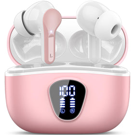 BESNOOW I53 front packaging showing pink earbuds and case, highlights portability