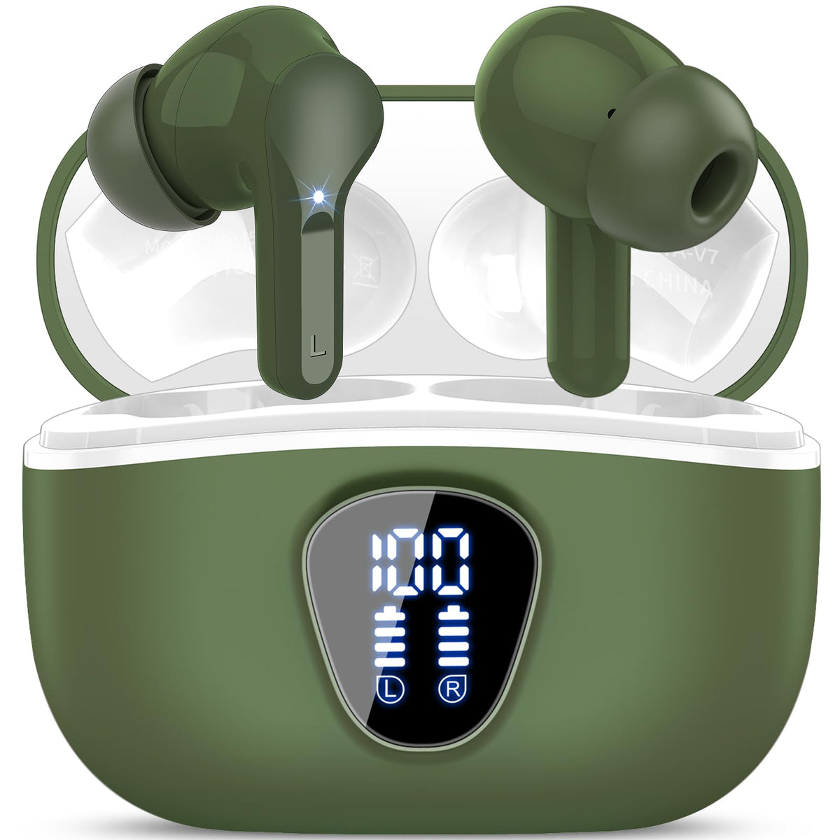 BESNOOW front view of I53 earbuds showing retro green finish and compact case, stylish look