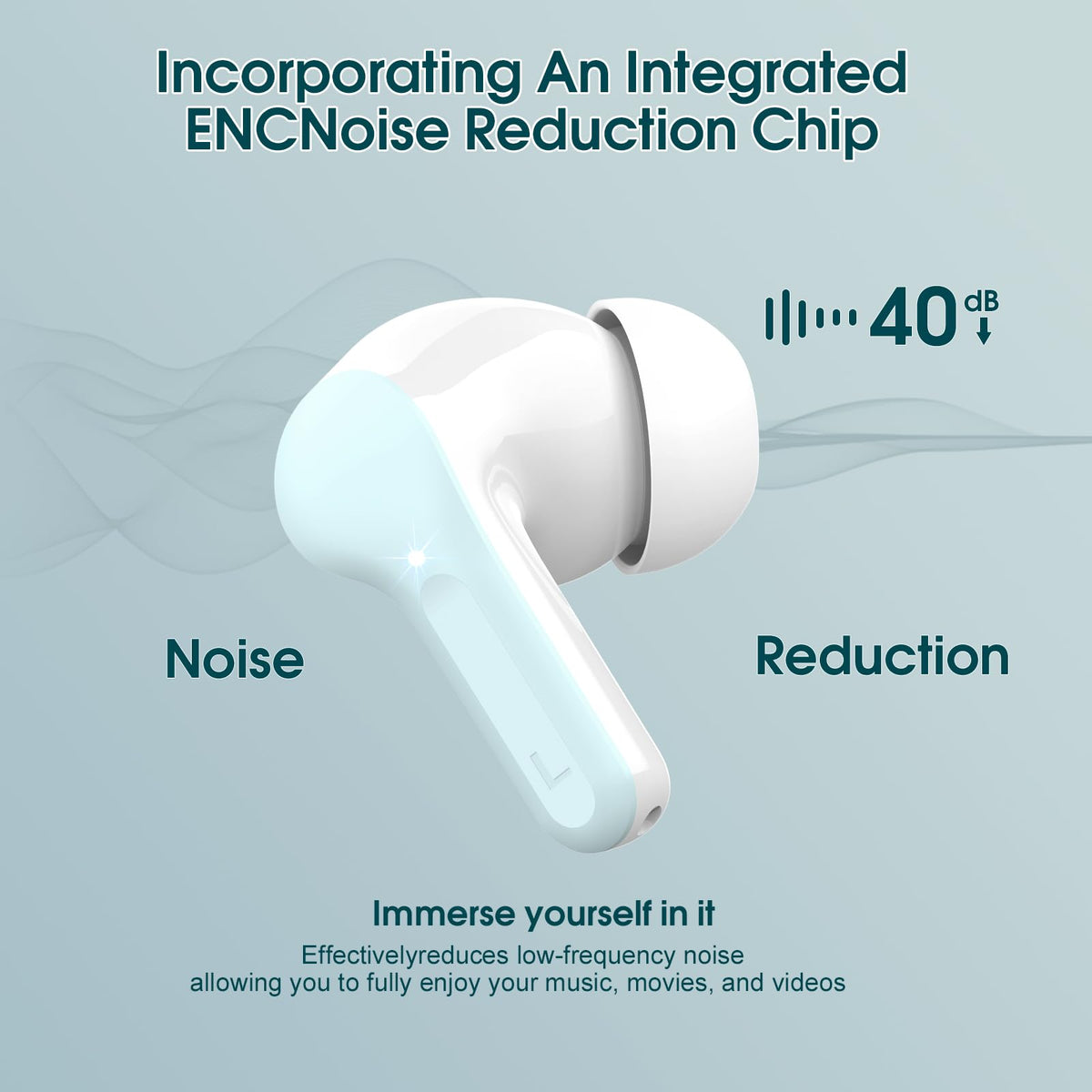 BESNOOW I53 earbud close-up showing 14.2mm driver for richer audio detail