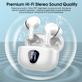 BESNOOW earbuds next to coin to show compact size and portable convenience