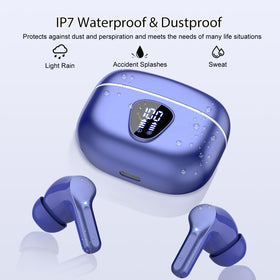 BESNOOW earbuds next to smartphone for scale, compact portable design