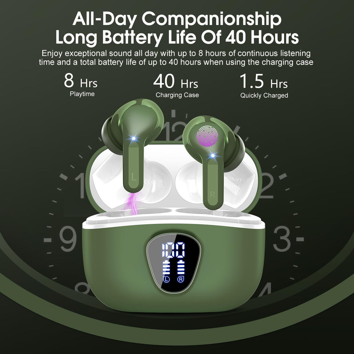 BESNOOW earbuds with water splash illustrating IP7 protection for sweat and light rain