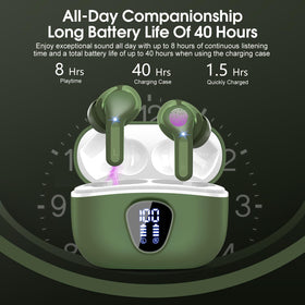 BESNOOW earbuds with water splash illustrating IP7 protection for sweat and light rain