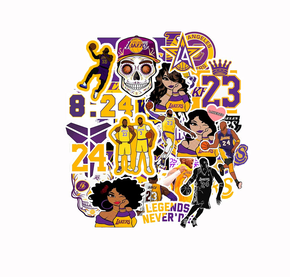 BESSER ASSOCIATES front layout of 33 Lakers stickers showing variety and vibrant colors