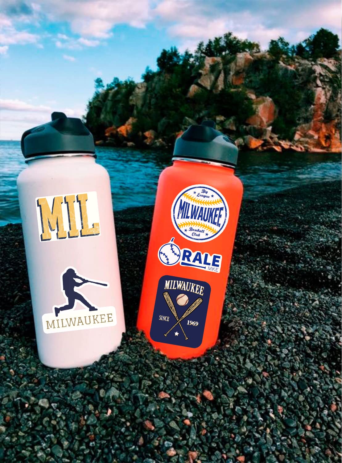 BESSER ASSOCIATES stickers applied to water bottle showing durable outdoor protection