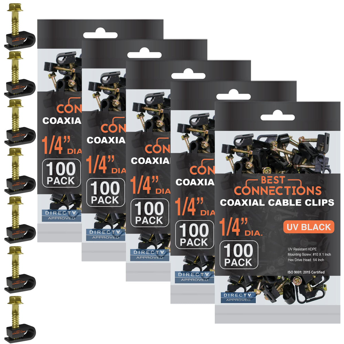 Best Connections coaxial clip with preinserted screw for secure mounting and strain relief.