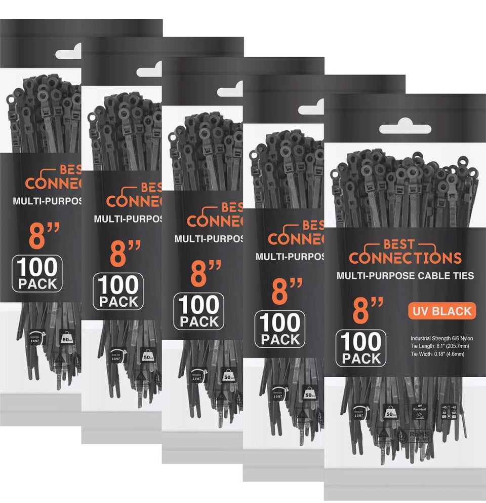 BEST CONNECTIONS front pack showing 500 black screw-mount ties and packaging benefit