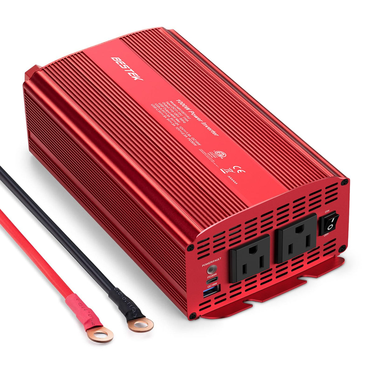 BESTEK 1000W inverter front view powering devices on the road