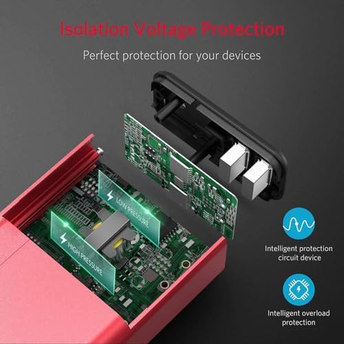 BESTEK 110V AC outlet image demonstrates laptop charging on the road