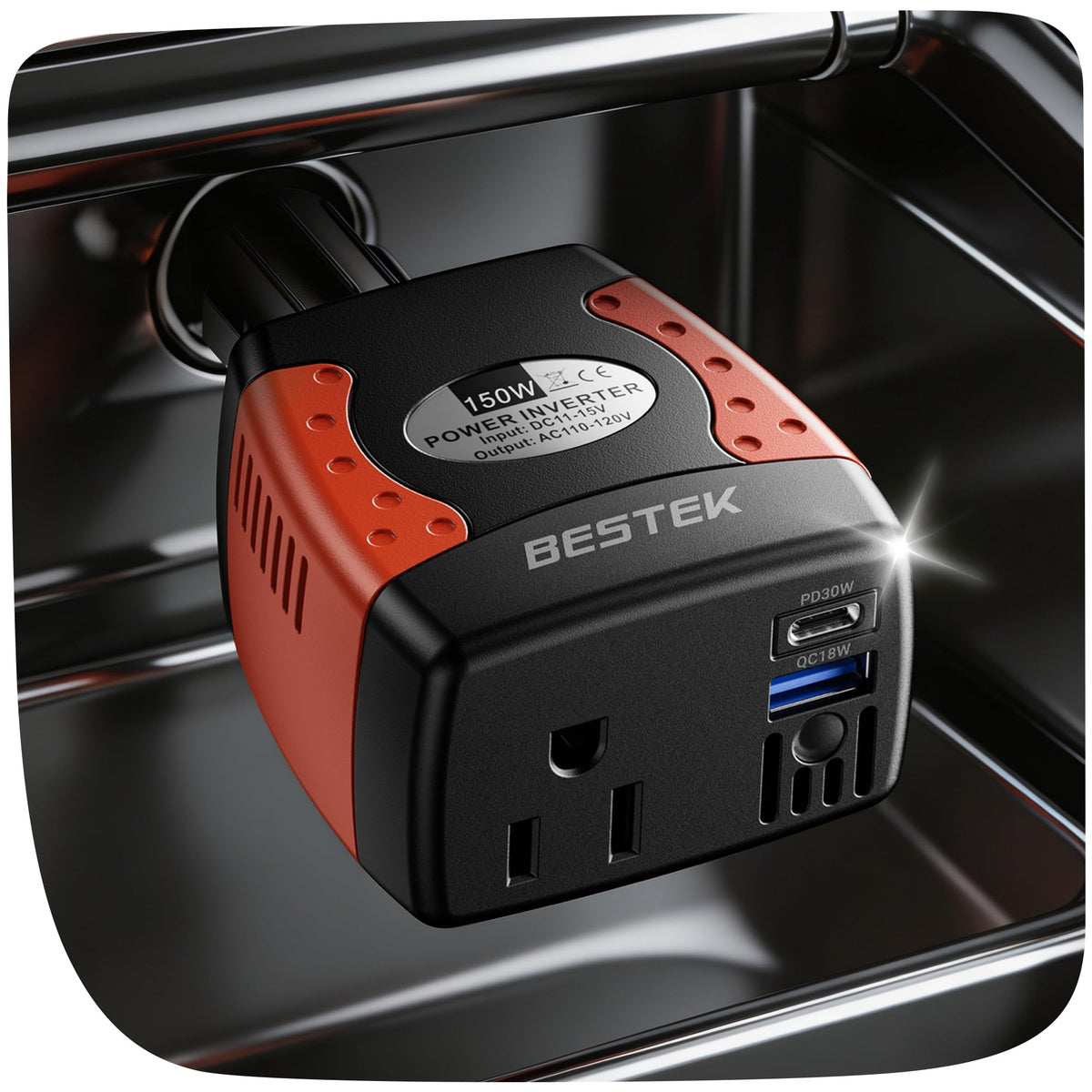 BESTEK 150W inverter outlet view powering devices on the road