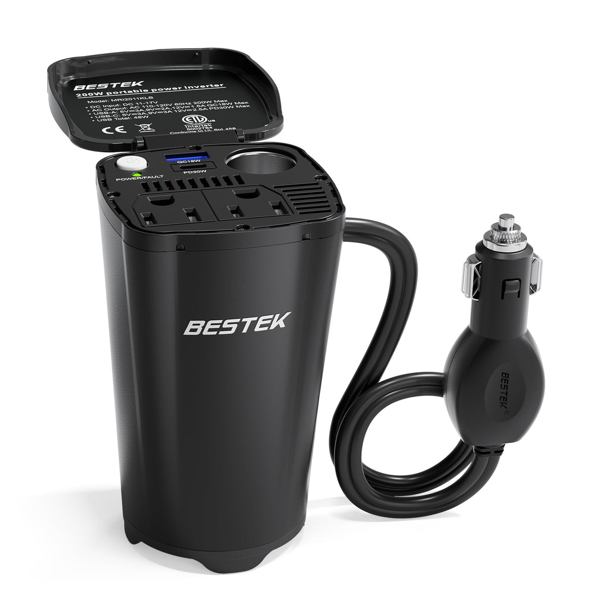 BESTEK 200W inverter with dual AC outlets shown in-car setup for multitasking charging