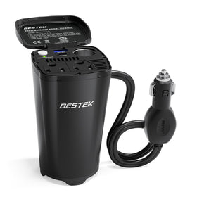 BESTEK 200W inverter with dual AC outlets shown in-car setup for multitasking charging