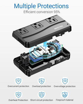 BESTEK top view showing three grounded AC outlets for powering small appliances
