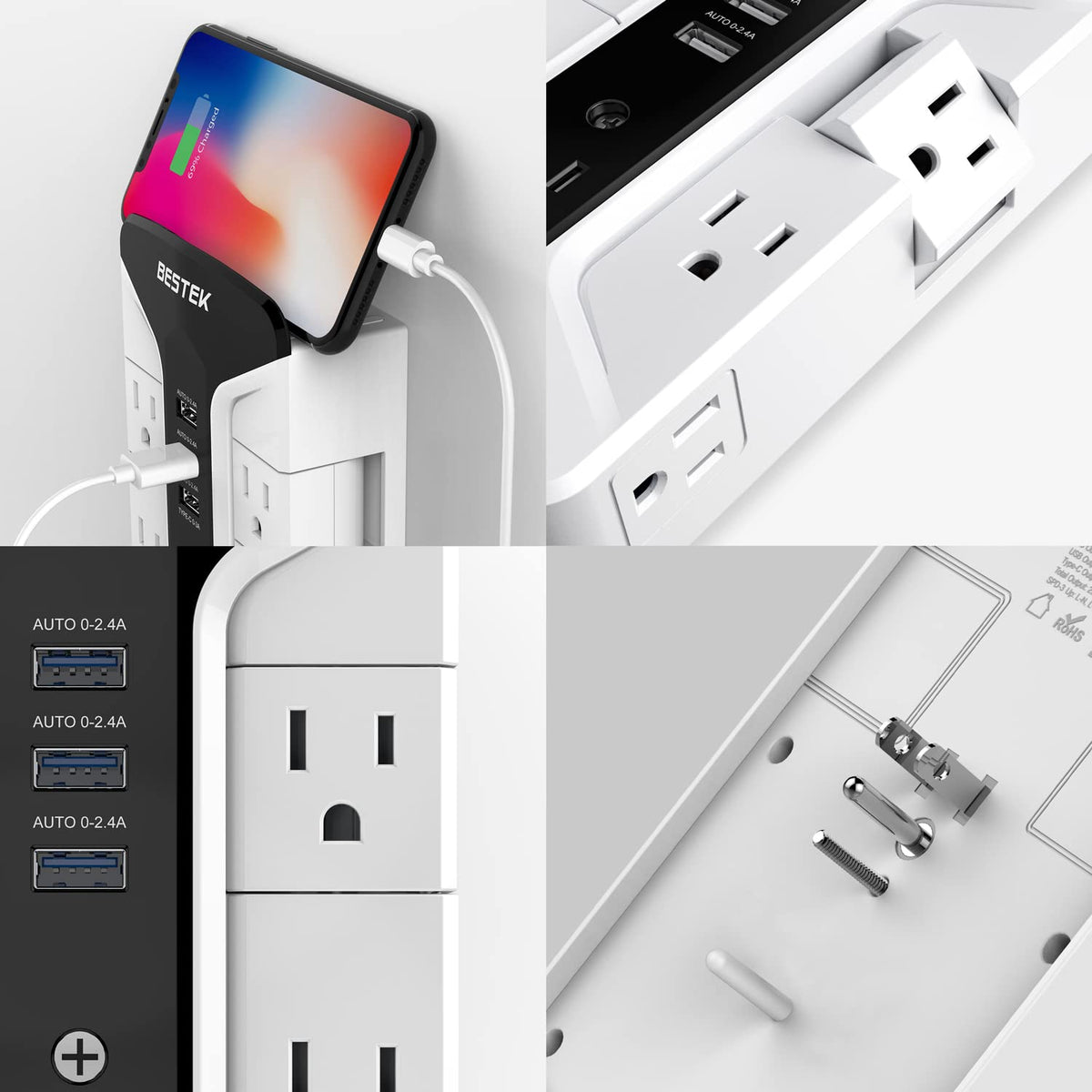BESTEK three USB ports with protection LEDs, fast smart charging visible