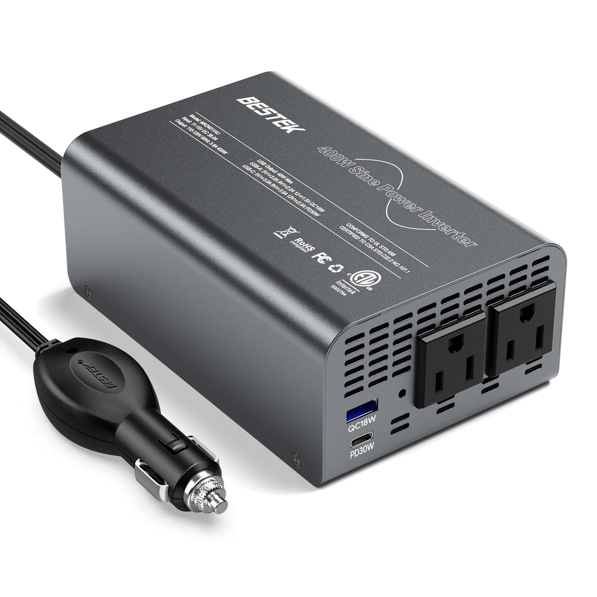 BESTEK front panel showing dual 110V outlets and USB ports, easy access charging