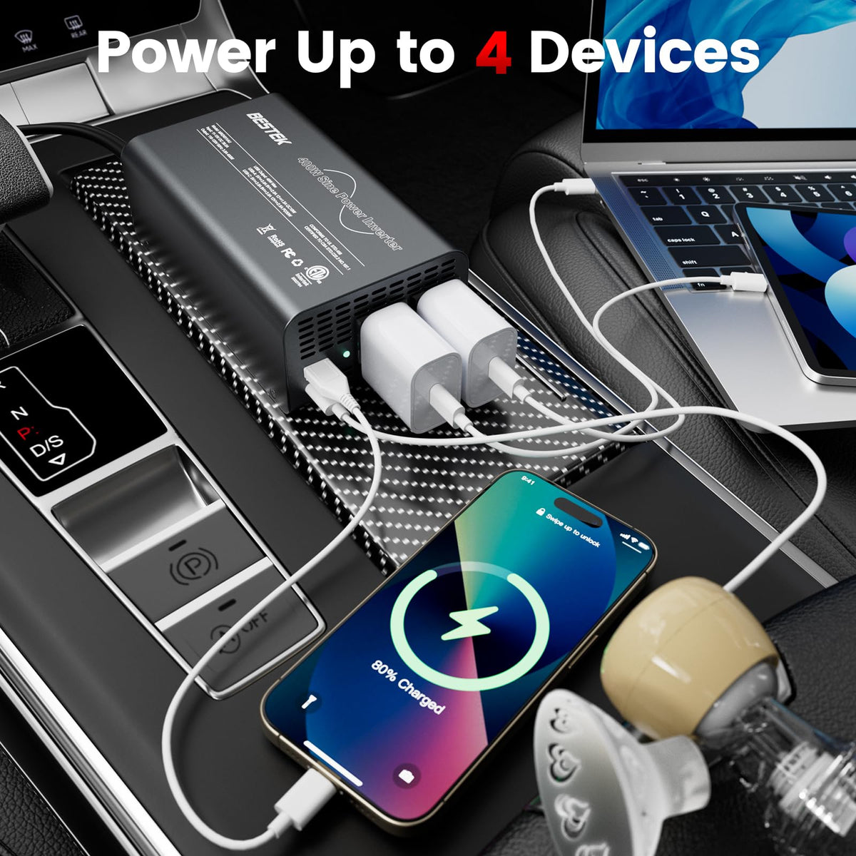 BESTEK powering a laptop in a vehicle, reliable charging for work or travel
