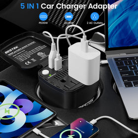 BESTEK 5-in-1 car inverter powering multiple devices at once