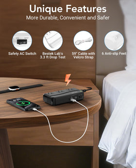 BESTEK AC socket detail highlighting three outlets for powering devices