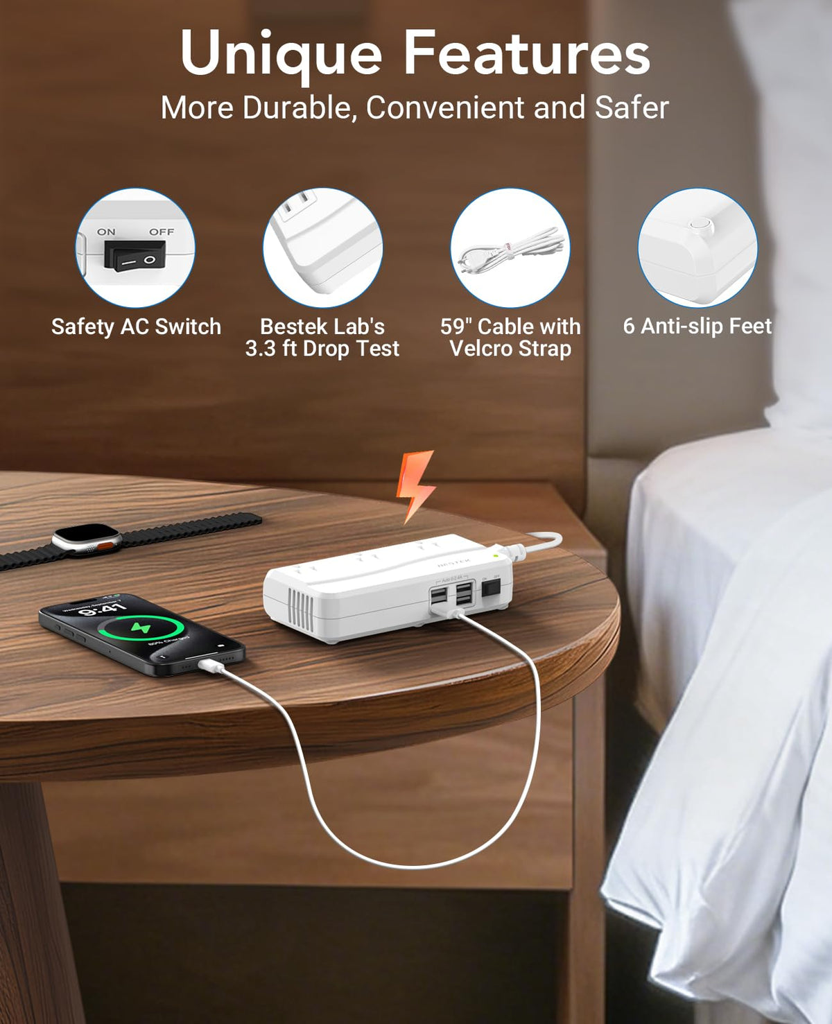 BESTEK detailed shot of three AC sockets demonstrating safe 110–120V output