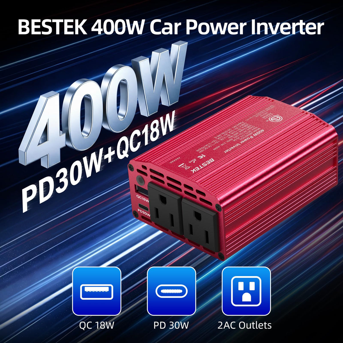 BESTEK USB‑C PD port closeup enabling fast laptop and phone charging