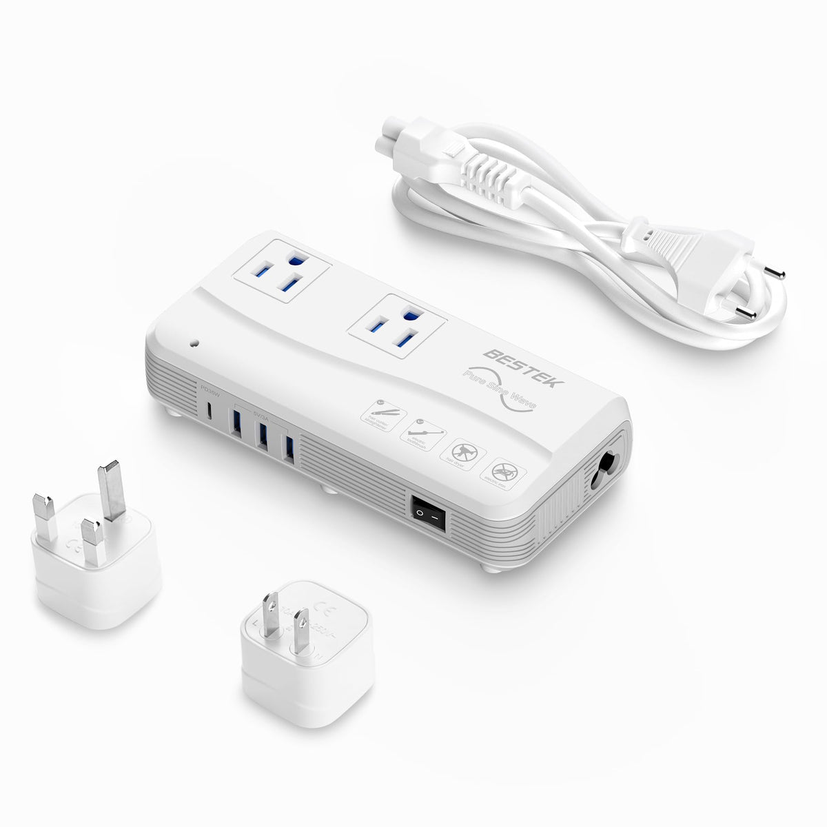 BESTEK front view showing outlets and USB ports for convenient travel charging